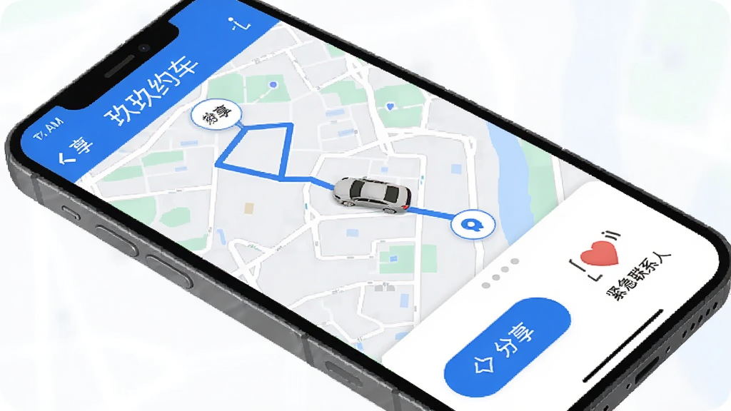手机屏幕展示玖玖约车App的行程分享界面,地图上显示车辆移动轨迹,下方有分享按钮和紧急联系人图标,界面风格简洁安全,色调以蓝色和白色为主,画质干净,文字显示
