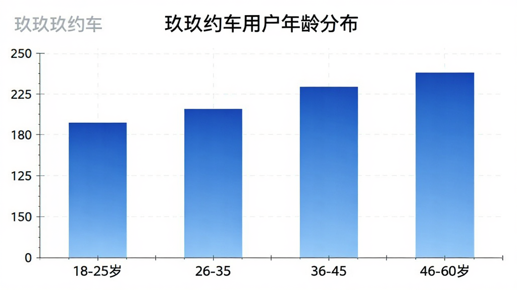 柱状图展示玖玖约车用户的年龄分布,横轴标注18-25岁、26-35岁、36-45岁、46-60岁四个年龄段,纵轴显示人数占比,柱状颜色以蓝色渐变为主,图表标题为