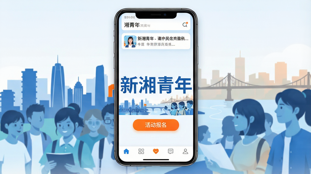 一张手机屏幕展示界面,屏幕中央清晰显示“新湘青年”四个大字,背景是湖南城市剪影与青年人群像的融合插画,界面布局简洁,上方为资讯卡片流,中间有活动报名入口按钮,下方为导航栏,整体风格清新现代,色彩以蓝白为主点缀活力橙色,画质干净无多余元素