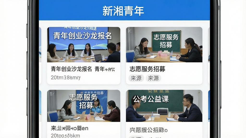 一张手机界面截图,屏幕顶部显示“新湘青年”资讯频道,下方是瀑布流卡片布局,每张卡片包含标题、缩略图和来源标签,卡片内容包括“青年创业沙龙报名”“志愿服务招募”“公考公益课”等,界面风格清爽,蓝白配色,字体清晰,整体画质干净无多余元素