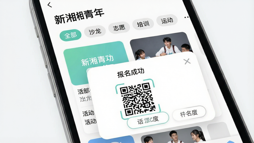一张手机界面展示活动报名页面,屏幕上方显示“新湘青年”活动列表,分类标签有“全部”“沙龙”“志愿”“培训”“运动”,下方是活动卡片,其中一个卡片弹出报名成功弹窗,显示电子二维码凭证,界面风格现代扁平,按钮圆润,配色清新,画质干净无多余元素