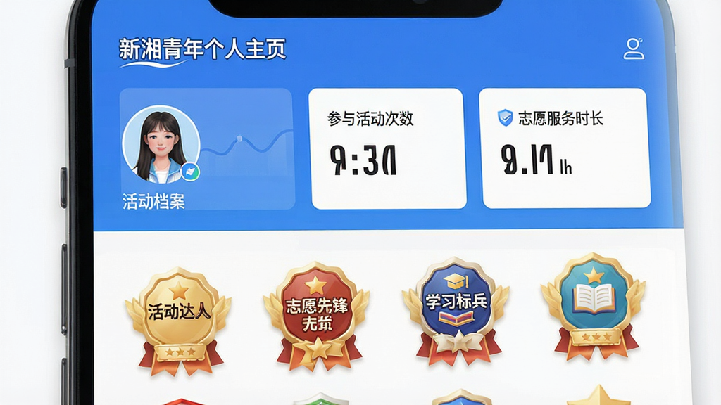 一张手机界面展示个人成长档案页面,屏幕上方显示“新湘青年”个人主页,包含头像、昵称、参与活动次数、志愿服务时长等数据统计卡片,下方是成就徽章墙,徽章有“活动达人”“志愿先锋”“学习标兵”等,界面风格简洁,数据可视化清晰,画质干净无多余元素