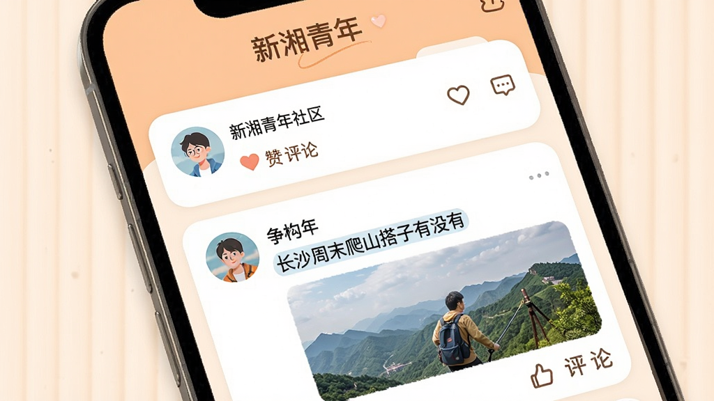 一张手机界面展示社区动态流,屏幕顶部显示“新湘青年”社区,下方是用户发布的图文动态,包含头像、昵称、文字内容和点赞评论按钮,其中一条动态写着“长沙周末爬山搭子有没有”,界面风格温馨,圆角卡片设计,配色柔和,画质干净无多余元素