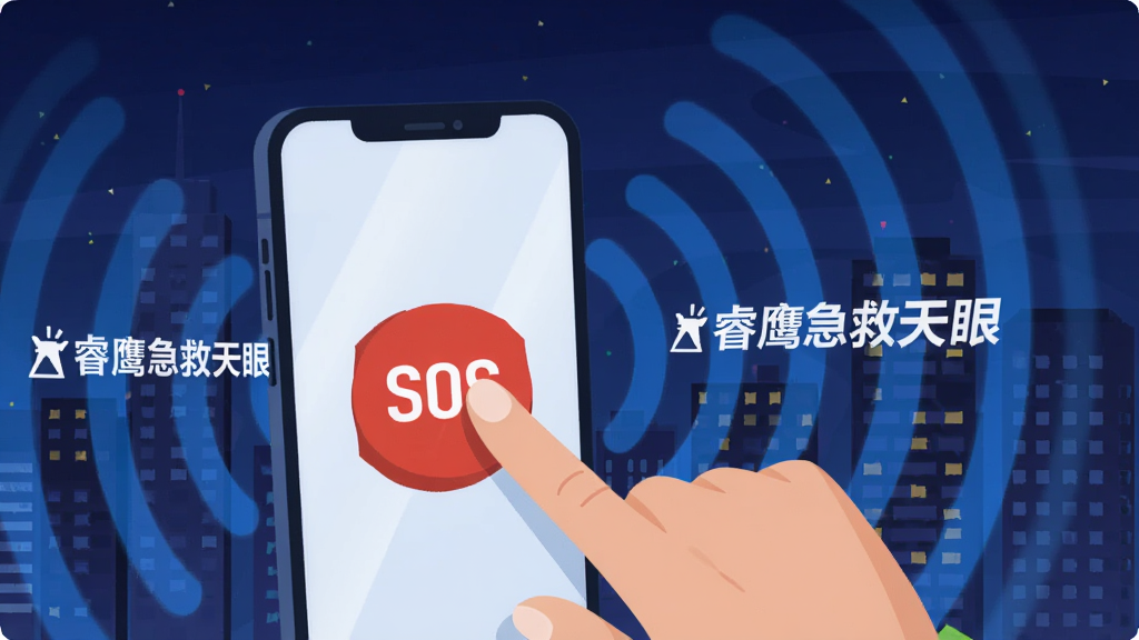 һ�Ų廭���ͼƬ��������һֻ��������ֻ���Ļ�ϵĺ�ɫ��SOS����ť���ֻ���Χ��������ɢ����ɫ�źŲ��ƣ������д��С��ӥ�������ۡ������ֱ�ʶ�������ǳ���ҹ��������ִ���ƽ��ɫ�����������ʸɾ����޶���Ԫ�ء�