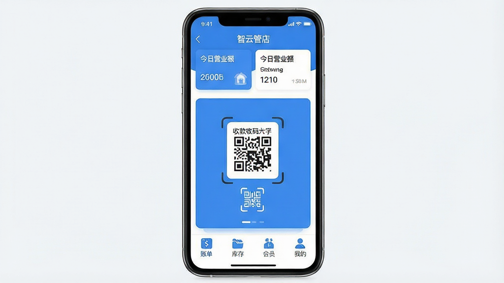 һ��չʾ���ƹܵ��ֻ�APP�������ͼƬ���������������ֻ���Ļ����Ļ����ʾ���ƹܵ�APP����ˬ��ҳ�������е������ƺͽ���Ӫҵ�Ƭ���м�����Ŀ���տ����ɨ��ͼ�꣬�ײ����˵�����桢��Ա���ҵ��ĸ�������ť���������ִ���ƽ��������ɫ�����ʸɾ��������޶���Ԫ��