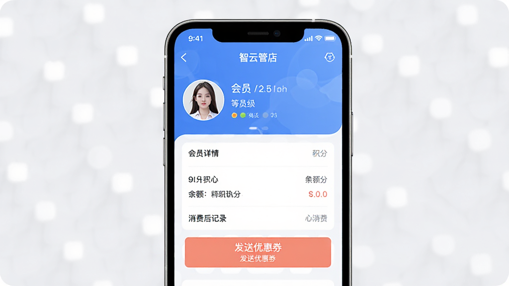 һ��չʾ���ƹܵ��Ա���������ͼƬ�������������ֻ���Ļ����Ļ����ʾ���ƹܵ�APP�Ļ�Ա����ҳ�棬ҳ�����л�Աͷ�񡢵ȼ������֡��������Ѽ�¼���·��з����Ż�ȯ�İ�ť����������Ѻã������������޶���Ԫ��