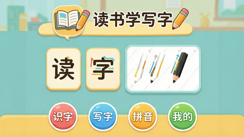 һ�Ŷ�ͯ����APP����ҳչʾͼ�����������ǡ�����ѧд�֡������������棬�����п�ͨ�鱾��Ǧ�ʵ�ͼ�꣬�м���ʾ���ֿ�Ƭ�ͱ�˳������ʾ���򣬵ײ���ʶ�֡�д�֡�ƴ�����ҵ��ĸ���ɫԲ�ΰ�ť��������ɫ����͵�����ɫ��ů��ɫΪ�������ͨ�ɰ���ϸ��Բ�󣬻��ʸɾ��������޶���Ԫ��