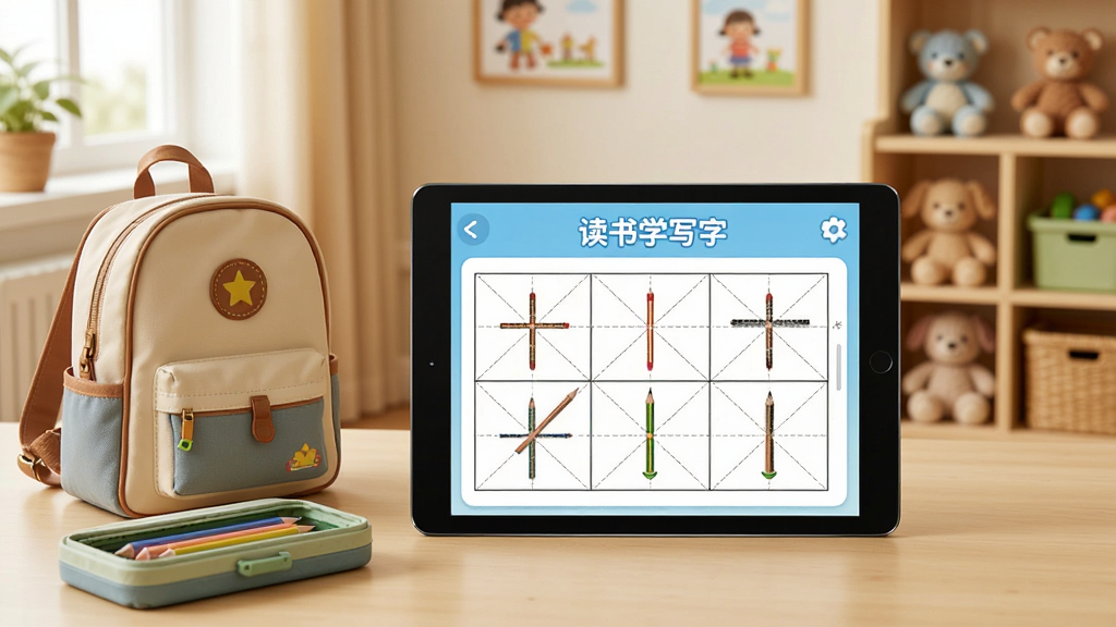 һ�Ŷ�ͯ����APP������ѧϰ����ͼ����������ʾ������ѧд�֡�������ƽ����������У���Ļ�������ָ������ϰ���棬�Ա߷���һ��С�����Ǧ�ʺУ���������ܰ�Ķ�ͯ�鷿�����������Ȼ�����ʸɾ����޶���Ԫ��