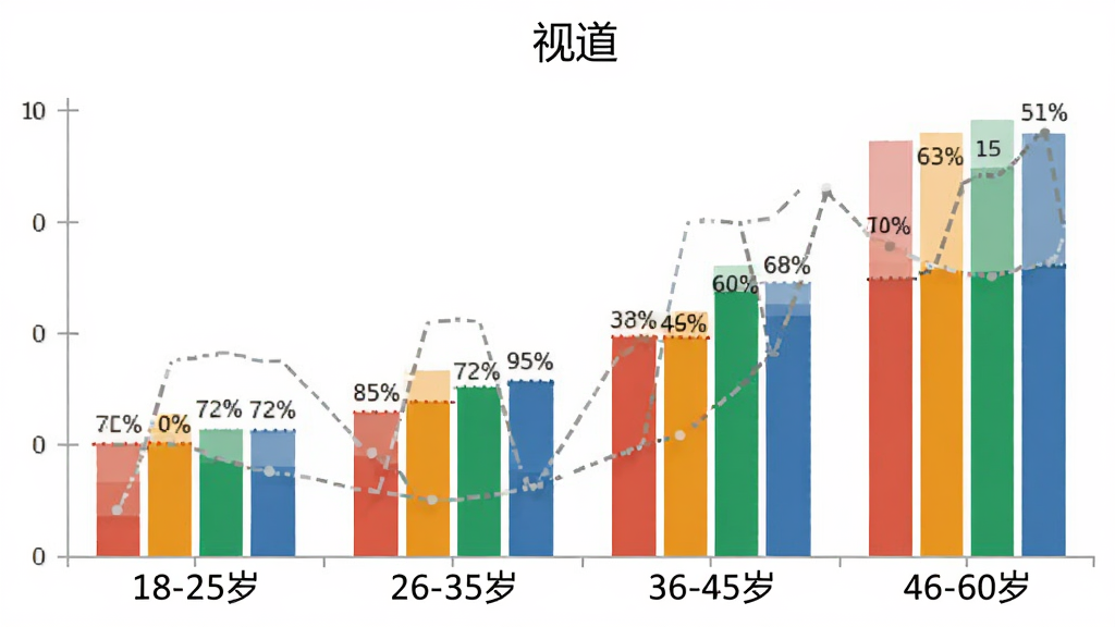 视道 用户年龄分布柱状图 18-25岁 26-35岁 36-45岁 46-60岁 四个年龄段 柱状高度不同 标注百分比 风格清晰 画质干净 无多余元素