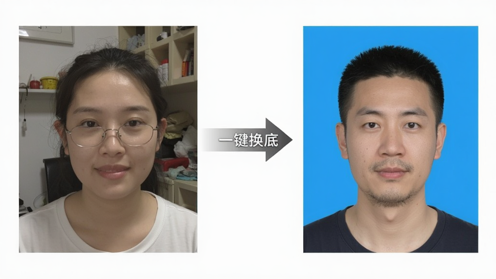 一张展示证件照拍摄院智能抠图功能的示意图,画面左侧是一张普通生活照,右侧是经过软件处理后的标准证件照,背景从杂乱变成纯蓝色,人物边缘清晰自然,画面中间有箭头和“一键换底”文字标注,整体风格简洁直观,画质干净,无多余元素