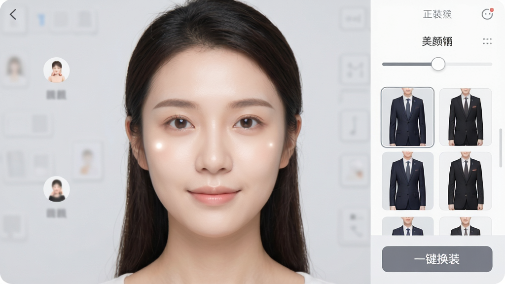 一张展示证件照拍摄院美颜与换装功能的界面截图,画面中人物面部有轻微磨皮提亮效果,右侧有美颜滑块和正装模板缩略图,底部有“一键换装”按钮,背景为浅灰色工作区,风格干净清爽,文字标注清晰,画质细腻,无多余元素