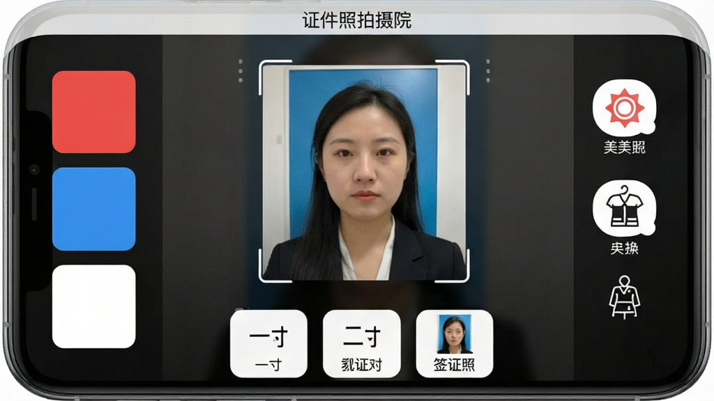 一张手机屏幕展示证件照拍摄院APP的主界面,画面中央是相机取景框,下方排列着一寸、二寸、签证照等常用规格按钮,左侧是红蓝白三种背景色切换选项,右侧是美颜和换装功能图标,整体布局简洁明了,风格清新现代,画质干净,文字清晰标注“证件照拍摄院”,无多余元素