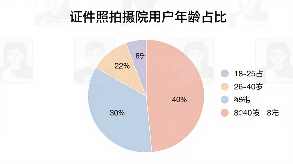 一张饼状图展示证件照拍摄院用户年龄分布,图例显示18-25岁占30%,26-40岁占40%,41-60岁占22%,60岁以上占8%,配色柔和,图表清晰,标题为“证件照拍摄院用户年龄占比”,风格简洁现代,画质干净,无多余元素