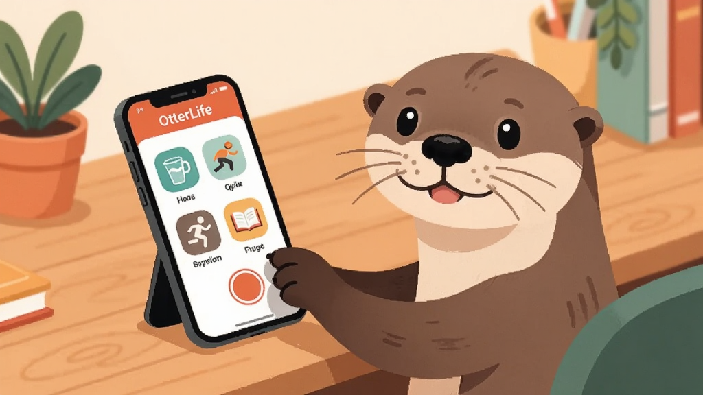 һֻˮ̡�������������ǰ����צ�ӵ���ֻ���Ļ�ϵļ�¼��ť����Ļ����ʾ��OtterLife��Ӧ�ý��棬�������к�ˮ���˶����Ķ���ͼ���������У���������ů��ľɫ�������ֲ����ƽ��ʸ���廭��񣬹�ͼ���У�ɫ����ͣ����ʸɾ����޶���Ԫ��