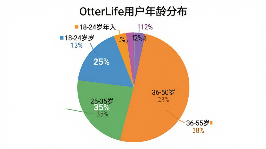 ��״ͼչʾOtterLife�û�����ֲ���18-24��ռ��25%��25-35��ռ��35%��36-50��ռ��28%��50������ռ��12%��ͼ������Ϊ��OtterLife�û�����ֲ�������ͼ��ɫ�����̳������֣�������ɫ����ƽ�����ݿ��ӻ���񣬱�ע���������ʸɾ����޶���Ԫ��