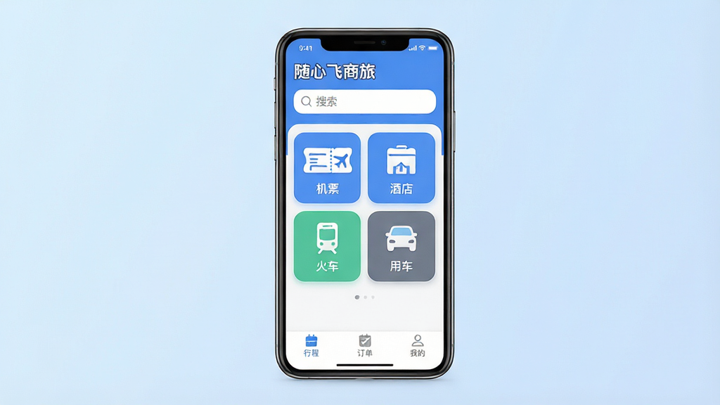 һ��չʾ�����ķ����á�App����ȫò���ֻ�����Ч��ͼ������������һ�����������ֻ�����Ļ����ʾApp��ҳ�������С����ķ����á����ֱ�ʶ���������м��ǻ�Ʊ���Ƶꡢ��Ʊ���ó��ĸ�������ڿ�Ƭ���ײ�Ϊ�г̡��������ҵ�����ѡ��������ǵ���ɫ���䣬�������ִ�����ƽ����ͼ��Բ�󣬻��ʸɾ��������޶���Ԫ��