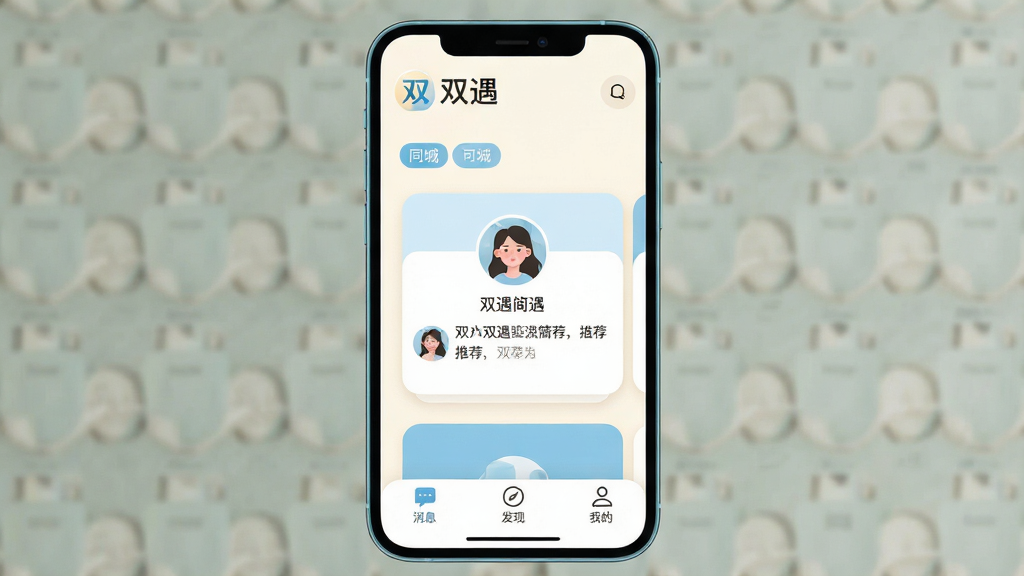 һ���ֻ�App�����ͼ�����������ǡ�˫����Ӧ�õ���ҳ�����ֲ��ÿ�Ƭʽ�����Ƽ���������ʾ��˫����Logo��ͬ�Ǳ�ǩ���м����û�ͷ��ͼ�鿨Ƭ���ײ�����Ϣ�����֡��ҵ���������ͼ�꣬�����������ִ�����ɫ��ů�׺�ǳ��Ϊ����ϸ��Բ�󣬻��ʸɾ��������޶���Ԫ��