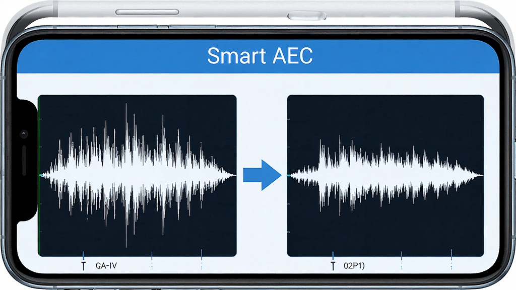 һ��չʾSmart AEC���ܻ����������ܵ�ͼƬ���������ֻ���Ļ��ʾ��Ƶ����ǰ��Ĳ��ζԱ�ͼ����������ҵĻ������Σ��ұ��Ǹɾ����������Σ���Ļ�Ϸ��С�Smart AEC���������ƣ��м��м�ͷ��ʾ�������̣������ֱ�ۣ�������ɫ�����������ɾ����޶���Ԫ��