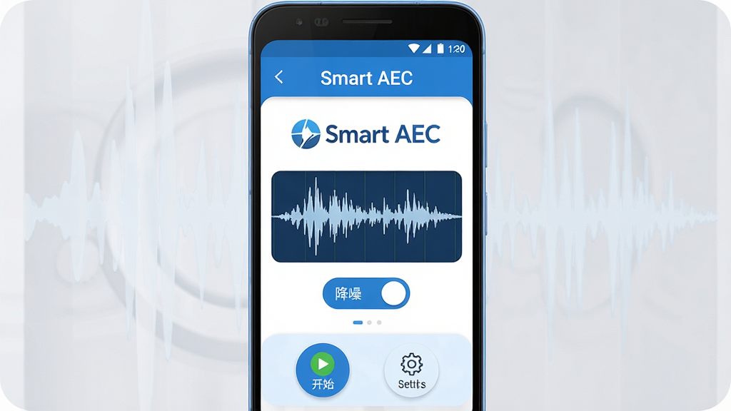 һ��չʾSmart AEC�������Ľ����ͼƬ��������һ̨��׿�ֻ���Ļ����Ļ������ʾSmart AEC��logo����Ƶ���δ������棬���ּ�࣬�������������ơ�Smart AEC���������м���ʵʱ��Ƶ���κͽ��뿪�ذ�ť���ײ��ǿ�ʼ����������ͼ�꣬����ִ��Ƽ��У�������ɫΪ����ϸ��Բ�󣬻��������ɾ����޶���Ԫ��