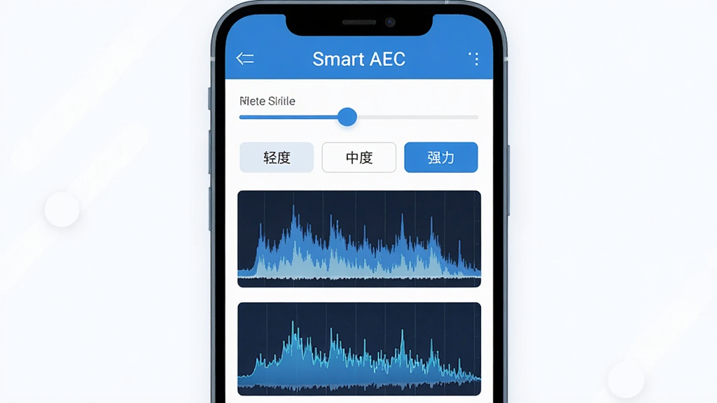 һ��չʾSmart AECʵʱ���빦�ܵ�ͼƬ���������ֻ���Ļ��ʾ����ǿ�ȵ��ڻ��������Ƶ��ͼ����Ļ�Ϸ��С�Smart AEC���������ƣ��м�����ȡ��жȡ�ǿ������ѡ�ť���ײ���ʵʱƵ�������Ķ���Ч��������ִ���ƽ��������ɫ�����������ɾ����޶���Ԫ��