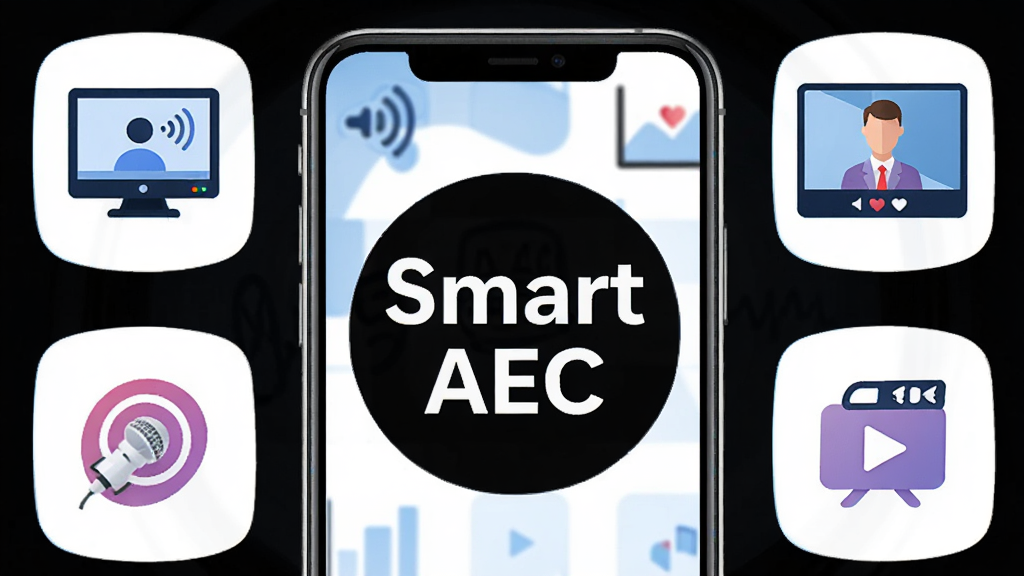 һ��չʾSmart AEC�ೡ�������ͼƬ���������ֻ���Ļ��Χ�����Ŷ������ͼ�꣬�������Ρ���Ƶ���顢ֱ�������͵ȣ���Ļ�����С�Smart AEC���������ƣ��������ִ���������ɫΪ�������������ɾ����޶���Ԫ��