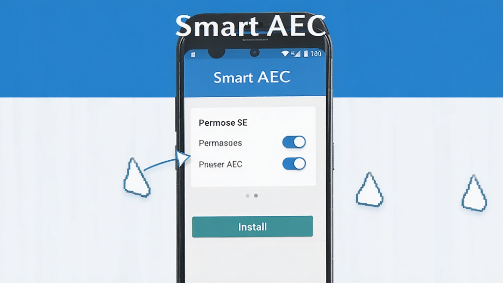 һ��չʾSmart AEC�ڰ�׿�ֻ��ϰ�װ��Ȩ�����ò����ͼƬ���������ֻ���Ļ��ʾ���ý��棬��Ļ�Ϸ��С�Smart AEC���������ƣ��м���Ȩ�޿��غͰ�װ��ť��ʾ��ͼ����������ˣ�������ɫ�����������ɾ����޶���Ԫ��