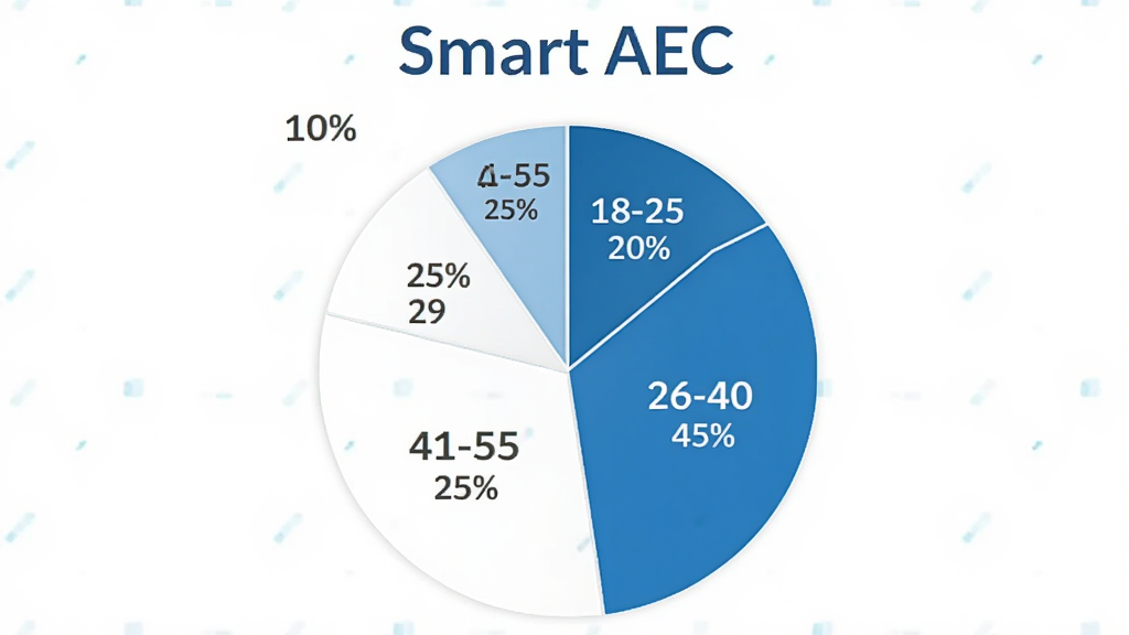 һ��չʾSmart AEC�û�����ֲ��ı�״ͼ��������Բ�α�ͼ����Ϊ�ĸ����֣�18-25��ռ20%��26-40��ռ45%��41-55��ռ25%��56������ռ10%��ͼ���Ϸ��С�Smart AEC���������ƣ�������ִ���������ɫ�����������ɾ����޶���Ԫ��