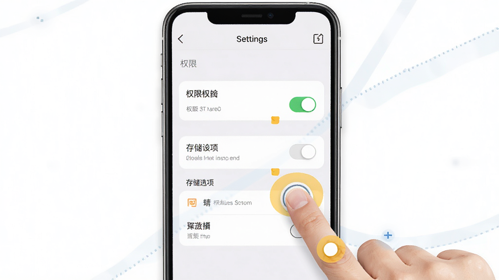 手机版PPT使用技巧示意图,主体是一部手机屏幕显示着设置菜单界面,布局包含权限开关和存储选项,排版突出关键设置项,风格简洁明了,细节包括手指点击动作和高亮提示,画质干净,无多余元素