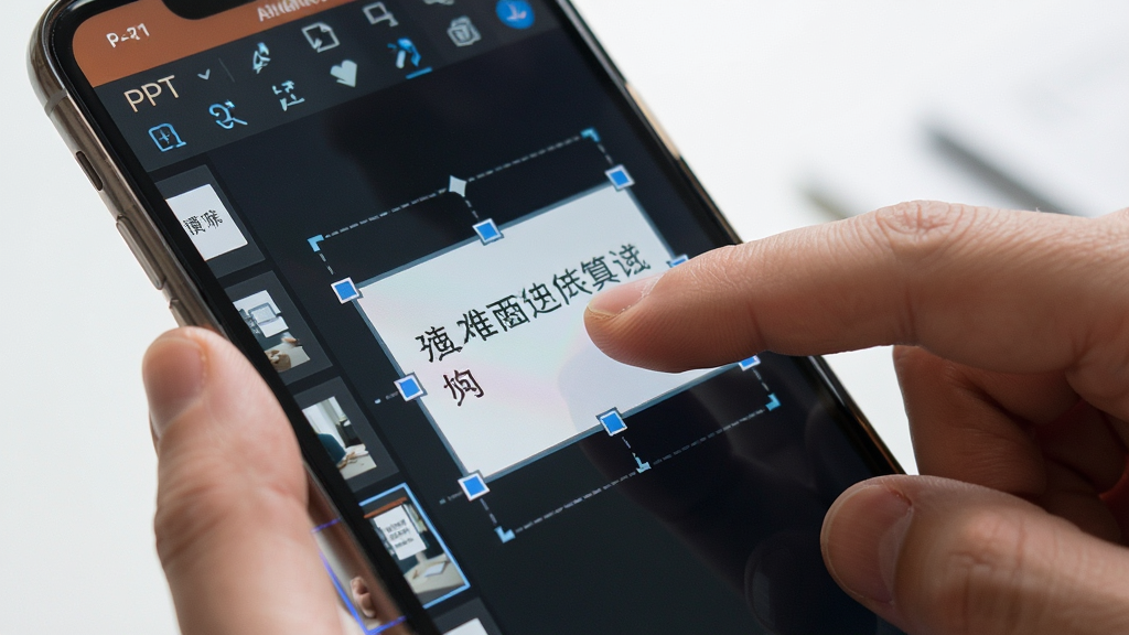 手机版PPT编辑操作场景展示,主体是一双手指在手机屏幕上拖拽一个文本框,布局展示编辑界面的工具栏和幻灯片缩略图,排版突出操作动作,风格写实科技感,细节包括手指与屏幕的接触点、文本框选中状态,画质干净,无多余元素
