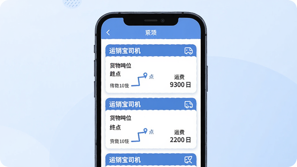 ������˾��APP�Ļ�Դ�б�ҳ���ͼ���廭��������չʾ�ֻ���Ļ�������Ŷ�����Դ��Ϣ��Ƭ��ÿ����Ƭ���С�������˾��������������յ�·�ߡ������λ���˷����֣������ǵ���ɫ���䣬�������ƽ����ƣ�ϸ�����������ʸɾ�