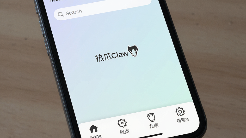 一张展示手机屏幕的图片,屏幕上显示着“热爪Claw”应用的主界面,界面底部有四个功能标签,顶部有搜索框,整体风格简洁清爽,背景是浅色渐变,画质干净无多余元素