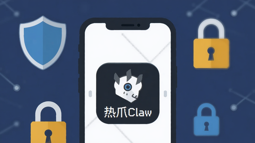 一张示意图,画面中一部手机周围有盾牌和锁的图标,手机屏幕上显示“热爪Claw”的图标,背景为深蓝色,风格扁平化,表达数据安全与本地处理的概念,画质干净无多余元素