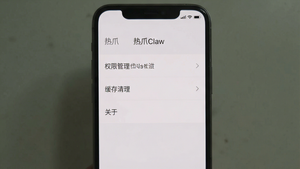 一张手机屏幕截图,展示“热爪Claw”的设置界面,界面上有“权限管理”“缓存清理”“关于”等选项,背景为浅灰色,文字清晰,画质干净