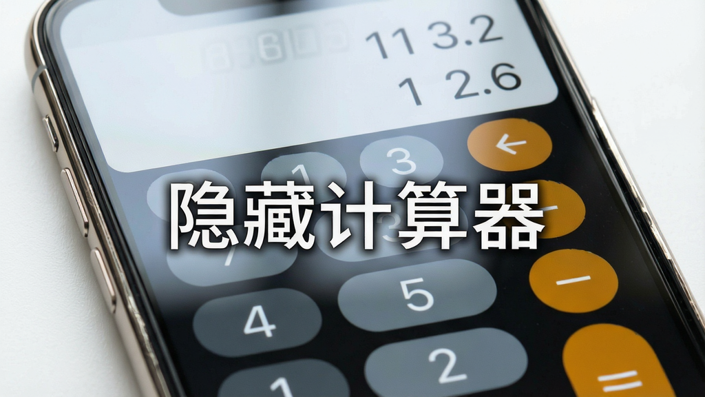 一张展示隐藏计算器伪装界面的图片。主体是一个手机屏幕特写,屏幕上显示着一个标准的计算器应用,数字按键清晰可见,屏幕顶部显示着简单的算式。画面风格是写实的数码产品摄影风格。布局上手机居中。细节包括手机边框的金属光泽、屏幕玻璃的反光。画面中需要带有文字“隐藏计算器”作为水印或界面元素。画质高清,干净,无多余元素。