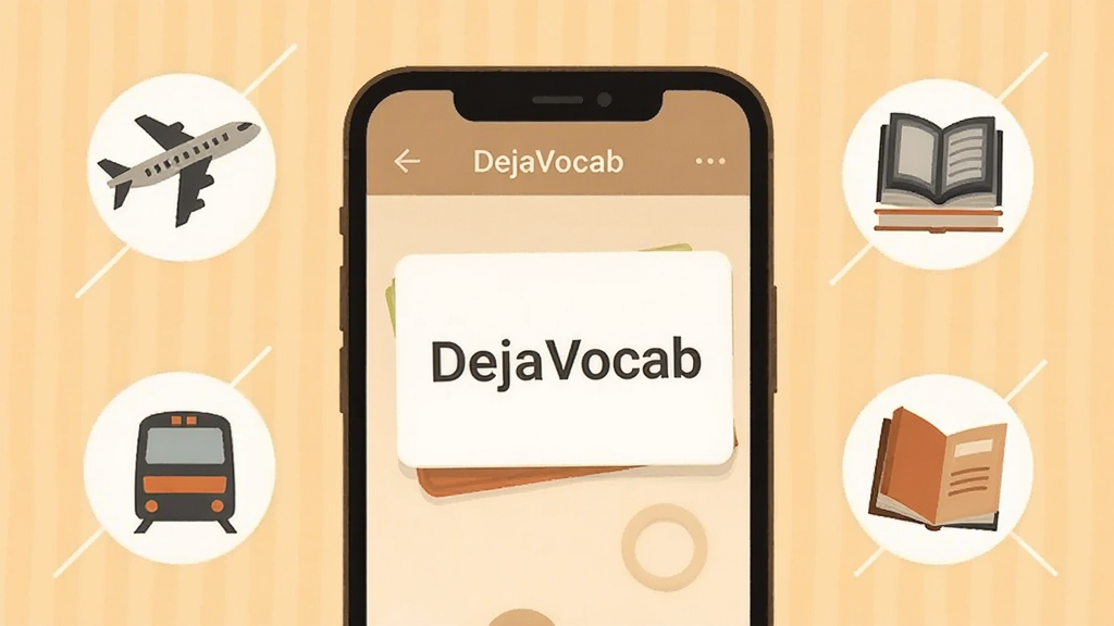 DejaVocab ����ѧϰ�������ֻ���Ļ��ʾ���ʿ�Ƭ����Χ�зɻ����������鱾��Сͼ�껷�ƣ�������ʱ��ؿ��õĸ������ƽ�廭��ɫ����ů�����ʸɾ��޶���Ԫ��
