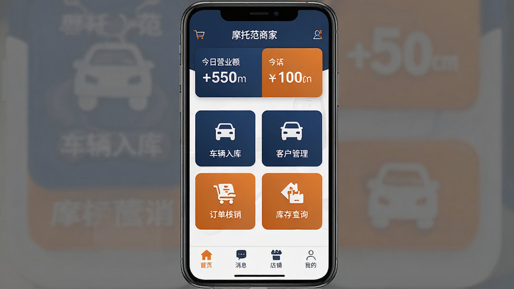 Ħ�з��̼Ұ�APP�����棬�ֻ���Ļ����ʾĦ�г��̼ҹ�����̨�������ǵ������ƺͽ���Ӫҵ�����ݿ�Ƭ���м����������ų�����⡢�ͻ���������������������ѯ�ĸ���ͼ�갴ť���ײ�����������ҳ����Ϣ�����̡��ҵ��ĸ�ѡ������������ɫ���ɫ����������񣬽��沼�ָɾ����࣬���ֱ�ǩ�����ɼ������ʸ��壬�޶���װ��Ԫ��