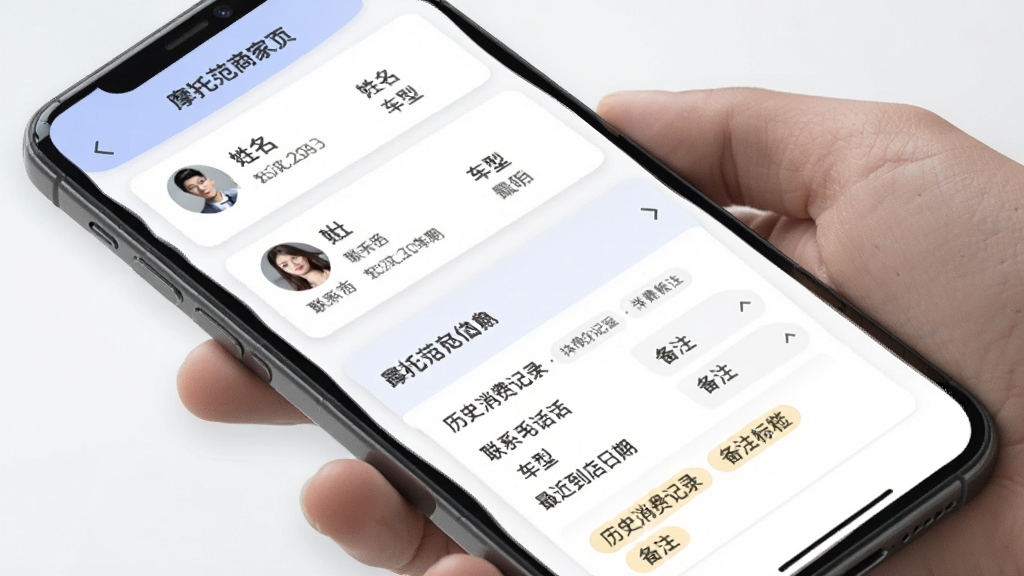 Ħ�з��̼Ұ�ͻ�����ҳ�棬�ֻ���Ļչʾ�ͻ��б���ÿ���ͻ���Ƭ��ʾͷ����������ϵ�绰�����ͺ�����������ڣ����ĳ���ͻ���չ����ϸ��Ϣ������ʷ���Ѽ�¼�ͱ�ע��ǩ��������ÿ�Ƭʽ���֣���ɫ��ͣ���Ϣ�㼶���������ʸɾ�