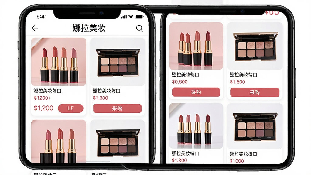 һ�š�������ױ��App����Ʒ�б�ҳ���AI��ͼ�������������ֻ���Ļ����Ļ����ʾ��������ױ��������������Ŀ�Ŀں졢��Ӱ����Ʒ��Ƭ������Ϊ�����ٲ��������Ϊ����ʱ�еĵ��̷��ϸ�ڰ����۸��ǩ�Ͳɹ���ť�����ʸɾ��޶���Ԫ��