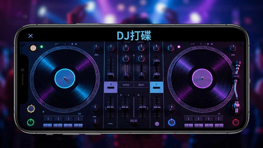 һ���ֻ���Ļ��д������������DJ��������Ļ���̨���棬����Բ�κڽ�����������ת���м��ǽ������Ӻ�EQ��ť����������ɫΪ��ɫ�������޺����Ϲ�Ч���������黯���ɶԵƹ⣬����ִ��Ƽ��У�ϸ�����������ʸɾ��޶���Ԫ�أ�ͼƬ�д����֡�DJ�����