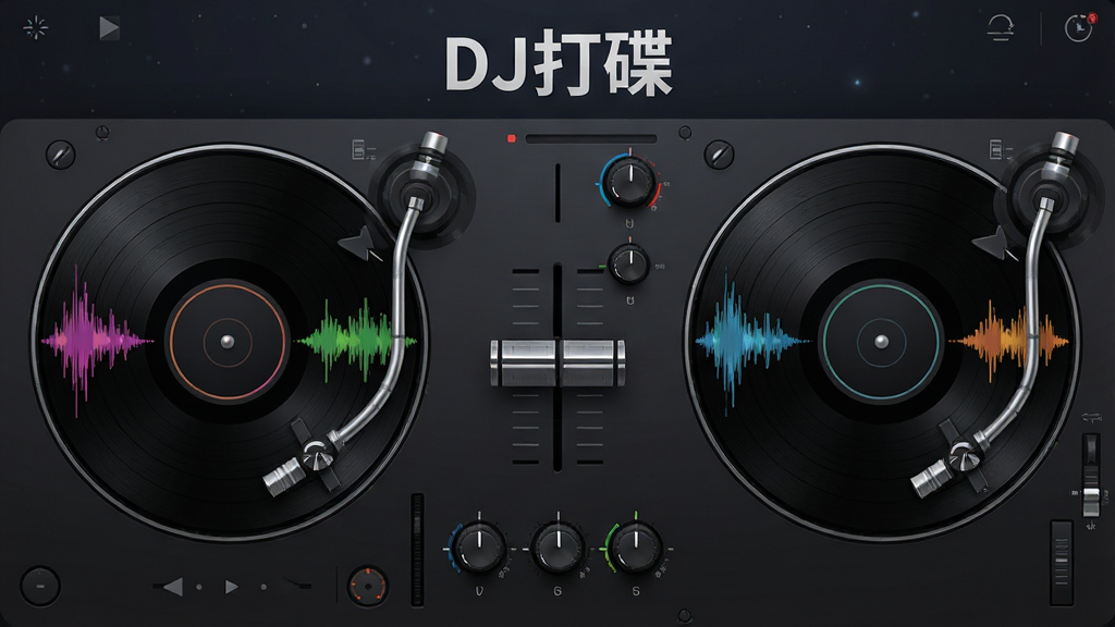 һ��DJ��������Ľ����ͼ���ͼƬ�������������������ŵ�Բ�κڽ����̣��������в�ɫ���첨�ƣ��м��ǽ����ʸеĽ������Ӻ�����EQ��ť����������ջҽ��䣬��񼫼�Ƽ������ʸ���ɾ��޶���Ԫ�أ�ͼƬ�д����֡�DJ�����