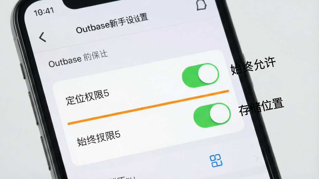 一张展示Outbase新手设置界面的图片,手机屏幕显示权限设置页面,高亮标注了定位权限和存储权限的开关,旁边有文字说明“始终允许”和“存储位置”,背景是淡灰色,风格简洁明了,细节清晰,画质干净无多余元素