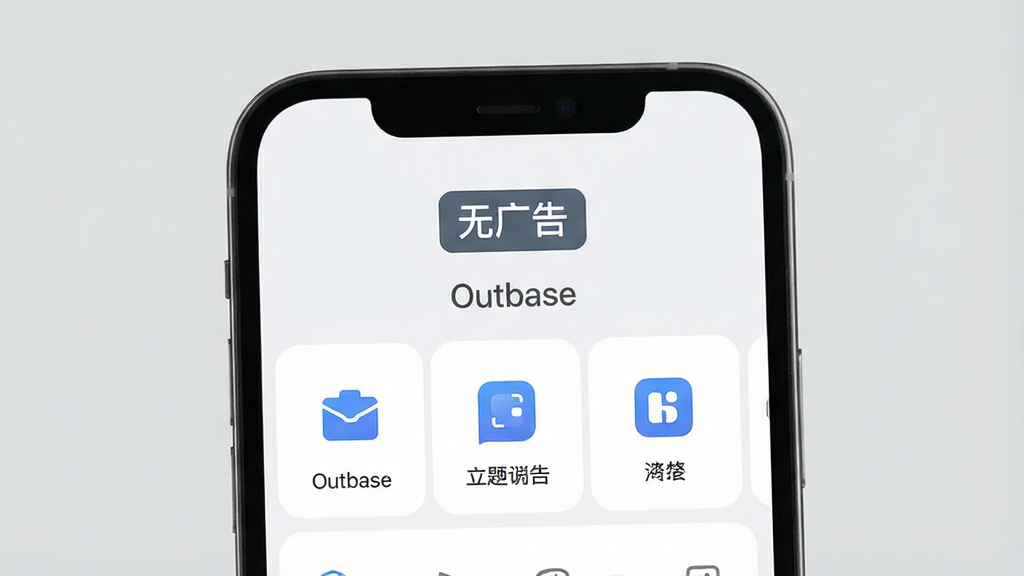 一张展示Outbase应用无广告清爽界面的图片,手机屏幕显示Outbase主页面,上方有“无广告”标签,屏幕内没有任何横幅广告或弹窗,只有简洁的功能图标和文字说明,背景是纯色浅灰,风格极简干净,画质高清无多余元素