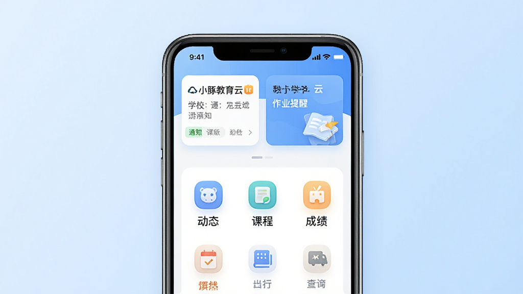 һ��չʾС��������ֻ�App�������ͼƬ�������������ֻ���Ļ����Ļ����ʾС������Ƶ���ҳ���Ϸ���ѧУ֪ͨ����ҵ���ѵĿ�Ƭ���м������Ű༶��̬���γ̱��ͳɼ���ѯ�����ͼ�꣬���岼�ָɾ���ˬ����������͵�ǳ��ɫ���䣬����ִ���Լ��ϸ�����������ʸɾ��޶���Ԫ��