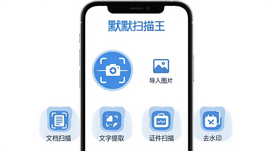 ĬĬɨ����APP������չʾ����ɫ������������ʾ��ĬĬɨ���������ֱ�ʶ���м������ɨ�谴ť�͵���ͼƬ��ڣ��·��������ĵ�ɨ�衢������ȡ��֤��ɨ�衢ȥˮӡ�ĸ�����ͼ�꣬����ɾ����࣬������ɫ����ƽ����Ʒ�񣬻����������޶���װ��Ԫ��