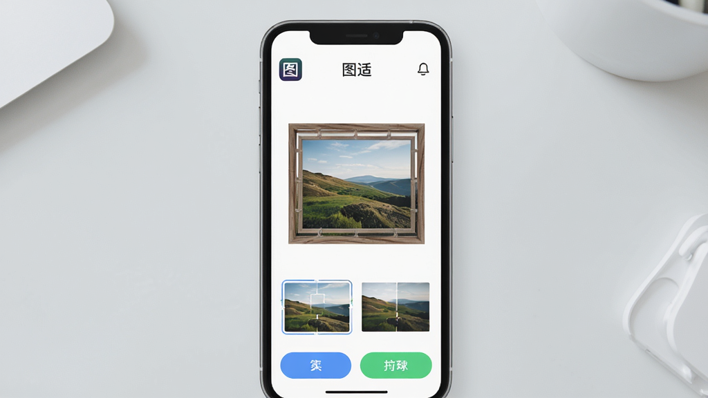 һ��չʾ�ֻ���Ļ��ͼƬ����Ļ�����ǡ�ͼ�ʡ�App�Ľ��棬������ʾһ�ŷ羰��Ƭ���ڱ��������䵽��ͬ�ߴ�Ļ����У�������б�Ե��Ȼ���ɡ�����Ϊ�ֻ�����չʾ������Ϊǳ��ɫ���档�Ű��࣬����ִ���ƽ��ϸ�ڰ���Appͼ�ꡢ����ǰ��Ա�Сͼ���ײ�������ť�����������ɾ����޶���Ԫ�ء�
