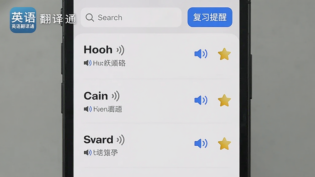 一部手机屏幕展示英语翻译通APP的生词本界面,列表中有多个英文单词和对应的中文释义,每个单词旁边有发音图标和收藏星标,顶部有搜索框和复习提醒设置按钮,背景是浅灰色,风格简洁,画质清晰无多余元素,画面中带有“英语翻译通”文字标识