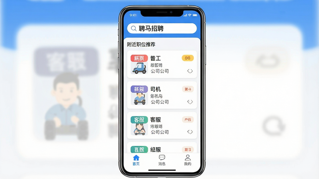 Ƹ����ƸApp�������ͼ���ֻ���Ļ����չʾ��������������ʾ��Ƹ����Ƹ�����֣��·��Ǹ���ְλ�Ƽ��б��������չ���˾�����ͷ��ȸ�λ��Ƭ��ÿ����Ƭ��н�ʱ�ǩ�͹�˾���ƣ��ײ�������Ϊ��ҳ����Ϣ���ҵ�����ͼ�꣬���岼��������������ɫΪ����������ִ������ʸɾ��޶���Ԫ��