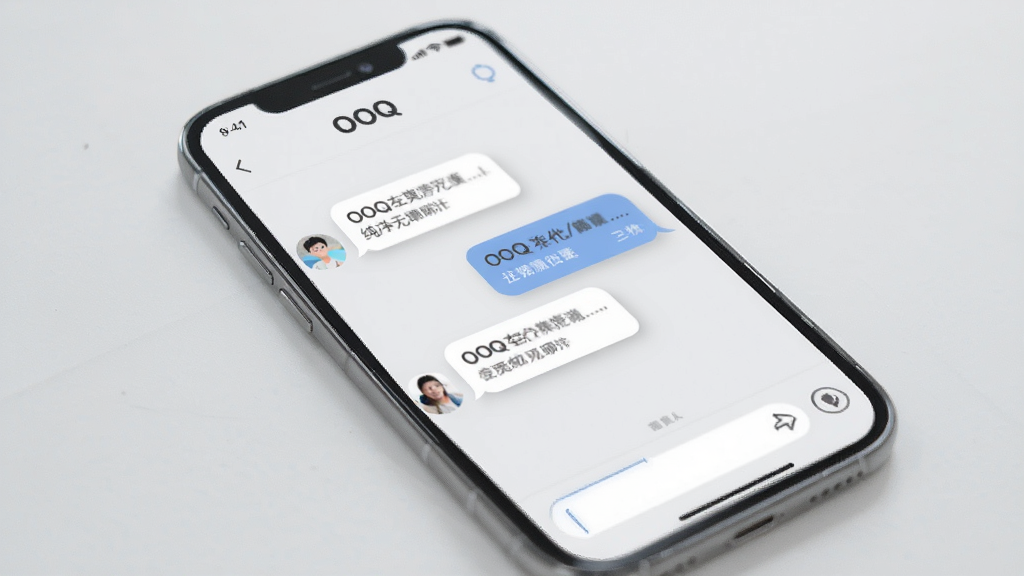 一张展示OOQ纯净无广告聊天界面的AI生图,主体是一个手机屏幕,屏幕上是OOQ的聊天界面,界面极其简洁,只有对话气泡和输入框,没有任何广告位或推广横幅。布局采用手机正面展示,排版干净利落,风格为极简主义,细节上对话气泡有柔和的阴影,背景是浅灰色,画质干净,无多余元素,图片中带有“OOQ”文字标识。