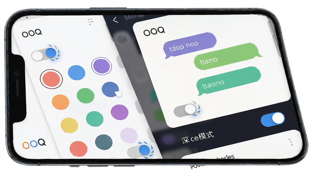 一张展示OOQ个性化设置界面的AI生图,主体是一个手机屏幕,屏幕上显示着OOQ的主题设置页面,可以看到多种聊天气泡颜色选项和深色模式开关。布局采用侧边栏展开的形式,排版错落有致,风格为扁平化设计,细节上颜色选项有圆形色块,开关有滑动动画效果,画质清晰,干净无多余元素,图片中带有“OOQ”文字标识。