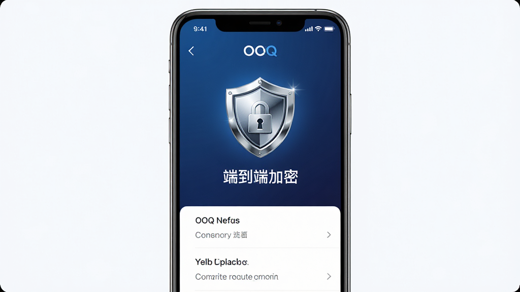 一张展示OOQ安全隐私保护功能的AI生图,主体是一个手机屏幕,屏幕上显示着OOQ的隐私设置页面,有一个盾牌图标和“端到端加密”的文字说明。布局采用居中构图,排版简洁,风格为安全科技感,细节上盾牌图标有金属光泽,背景是深蓝色渐变,画质高清,干净无多余元素,图片中带有“OOQ”文字标识。